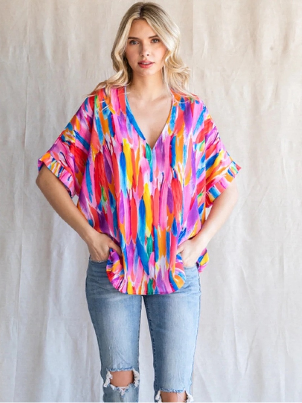 Jodifl Feather Print Blouse Size M Multicolor Oversized V Neck Boho Top - Picture 2 of 8